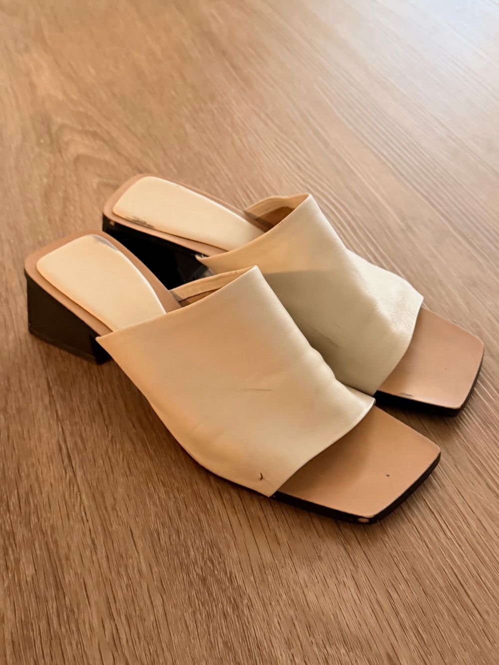 Zara Cream Square-Toe leather Slide Mules with Low Block Heel
